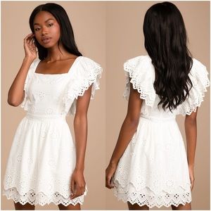 LULU’S Absolutely Beautiful White Eyelet Lace Ruffled Skater Mini Dress